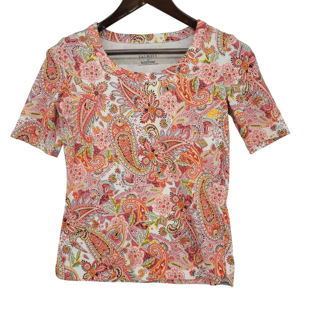 Talbots Womens XS Paisley Floral Tee Cotton Stretch Pink‎ Short Sleeve Top